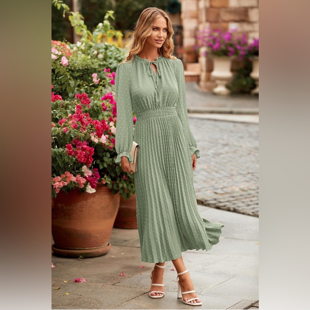 NWT Pretty Garden Midi Chic Sage Long Sleeve Dress size Large
